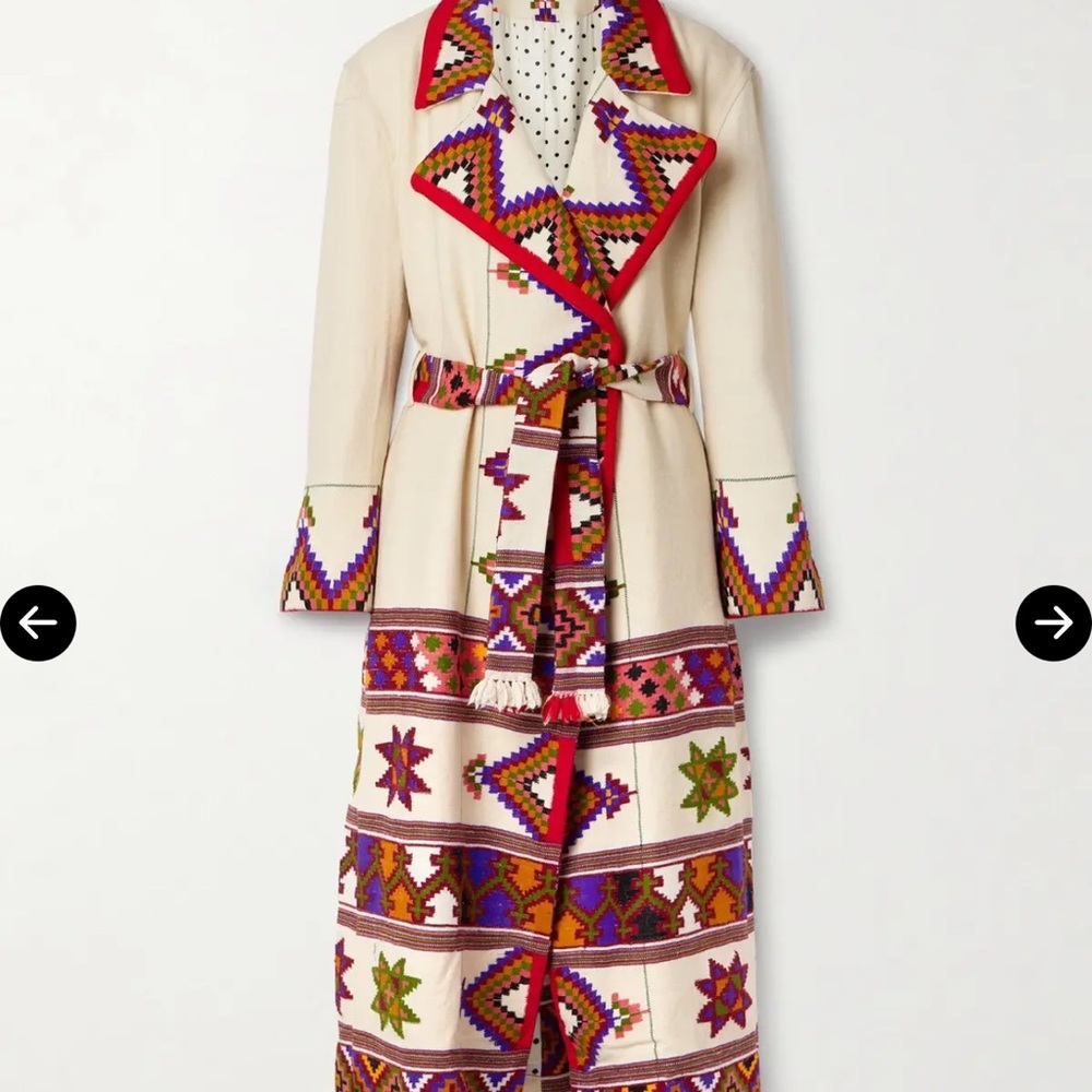 SOLD OUT Penelope Belted Fringe Embroidered Wool Twill Long Jacket Medium